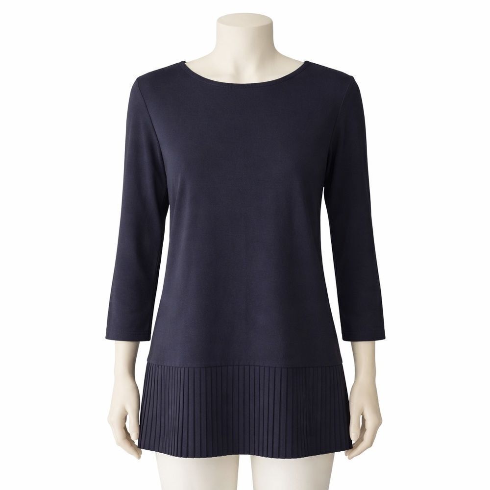 Land’s End PLEATED Tunic Top Tee top three quarter sleeve stretch black Small